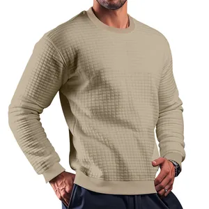 Close-up detail of khaki men's waffle knit long-sleeve crew neck casual T-shirt