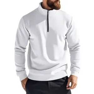 Detailed view of white quarter-zip sweatshirt with a sleek standing collar design