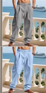 Pantaloni casual da uomo in cotone e lino con coulisse in grigio e blu chiaro.