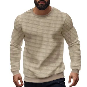 Detailed view of men's slim fit crew neck waffle knit long sleeve T-shirt in khaki