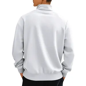Back view of a premium men's white stand collar sweatshirt with ribbed sleeve cuffs