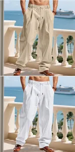 Pantaloni casual da uomo in cotone e lino con coulisse in kaki e bianco per l'estate