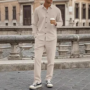 Men's Casual Corduroy Suit Set Long Sleeve Single Breasted Shirt And Pants Two Piece Outfits Solid Color Fall Fashion Top And Bottom