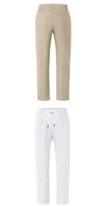Dettaglio dei pantaloni casual in lino da uomo con coulisse e gamba dritta, bianco e kaki.