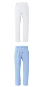 Vista dettagliata dei pantaloni in lino con coulisse da uomo in bianco e azzurro