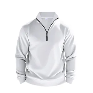 Close-up detail of a white men's quarter-zip sweatshirt featuring a standing collar design