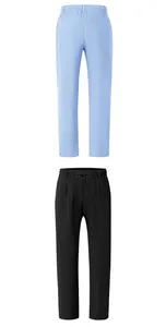 Dettaglio dei pantaloni casual da uomo in cotone e lino con coulisse, blu e nero.