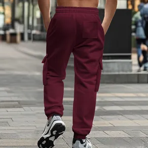 Detaillierte Rückansicht der bordeauxroten Herren-Cargohose mit Fleece-Futter und Taschen
