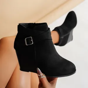 Bottines Martin Style Britannique pour Femmes Bottines Compensées en Similicuir Avec Boucle de Ceinture Fermeture Éclair Latérale Bottes Courtes Chaudes