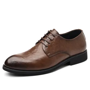 Classic brown leather derby shoes with hand-rubbed texture for men's formal business wear