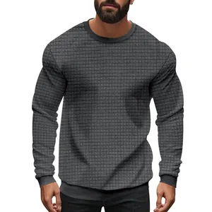 Men's slim-fit gray long-sleeve T-shirt with textured square grid pattern design