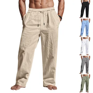 Pantaloni da Uomo Casual in Lino e Cotone Stile Americano Minimalista Tinta Unita Gamba Dritta Con Coulisse Moda Autunnale