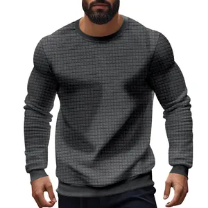 Detailed view of grey waffle knit long sleeve t-shirt with slim fit design