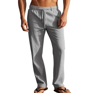 Pantaloni casual da uomo in lino grigio con coulisse regolabile in vita e gamba dritta