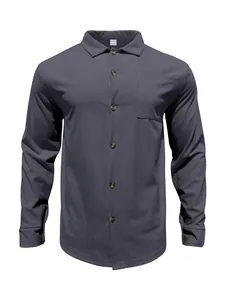 Detailed front view of men's dark grey corduroy shirt featuring texture and pocket