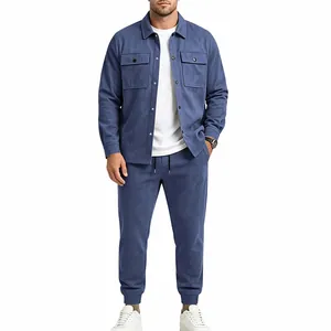 Men's casual blue suede-like jacket and joggers set with workwear pockets