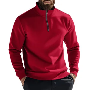 Front detail of a red men's half-zip sweatshirt with stand collar and ribbed cuffs
