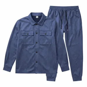 Men's blue faux suede two-piece set featuring a workwear jacket and jogger pants