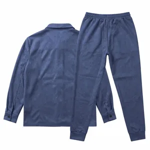 Back view of a men's loose casual faux suede jacket and trousers set in dark blue