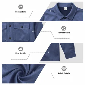 Detailed views of blue suede workwear jacket featuring neck, pocket, hem and fabric
