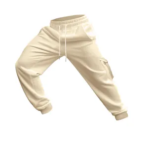 Detailansicht beige gefütterte Cargo-Jogginghose für Herren mit Kordelzug und Taschen.