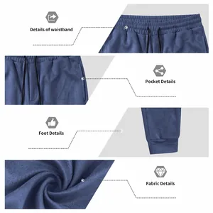 Macro details of blue suede sweatpants showing waistband, pocket, cuff, and fabric texture