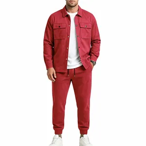 Full view of men's casual suede shirt jacket and matching jogger pants set in red.