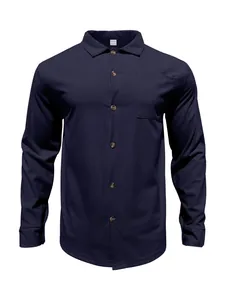 Detail view of navy blue corduroy long-sleeve shirt with button-up front and pocket