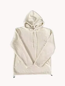 Felpa da uomo con cappuccio in pile bianco crema con coulisse sull'orlo e tasca a marsupio