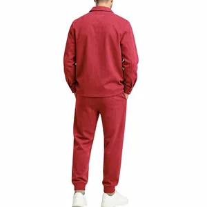 Detailed back view of men's casual red faux suede jacket and matching joggers set
