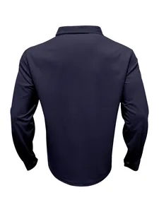 Back view of a classic men's dark blue corduroy long sleeve shirt with fine texture