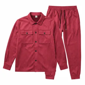 Men's casual faux suede jacket and jogger set in burgundy, full view of the two-piece outfit