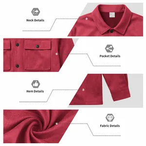 Detail views of a men's burgundy suede jacket showing collar, pockets, hem and fabric texture
