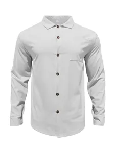 Front view detail of men's casual corduroy button-down long-sleeved shirt in off-white