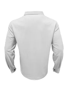 Back view of men's white corduroy casual long sleeve shirt with fine texture detail.