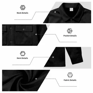 Detailed views of black suede tool jacket showing neck, pockets, hem, and fabric texture.