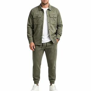 Men's olive green suede jacket and joggers set in a casual work style for autumn