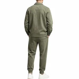 Full back view of men's casual olive green suede jacket and jogger pants set ensemble