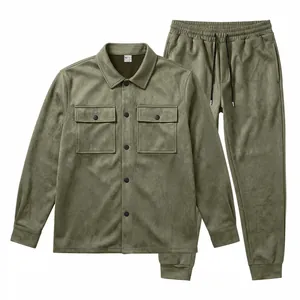 Olive green casual men's suede jacket and matching pants set with large utility pockets