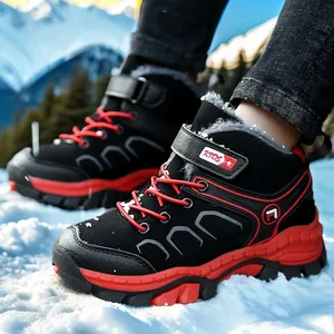 Durable kids' winter hiking boots with warm faux fur lining and anti-slip red soles