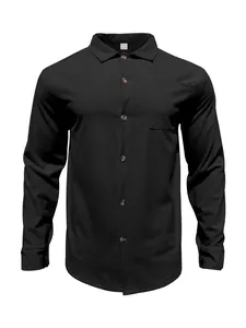 Detailed front view of men's casual black corduroy long-sleeved shirt with button closure