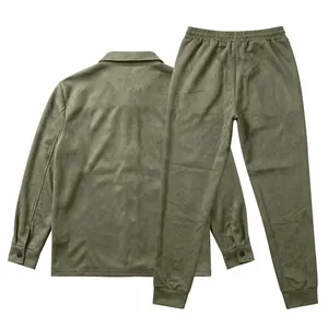 Overall flat lay display of men's olive green casual suede jacket and pants set