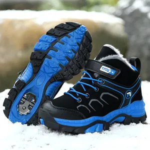 Children's winter hiking boots with anti-slip steel cleats and warm fur lining