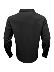 Rear view of black corduroy long-sleeve shirt showing fine texture