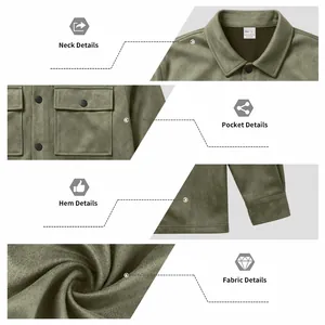 Close-up of neck, pockets, hem, and fabric of men's olive green suede workwear jacket