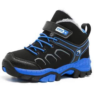 Warm fleece-lined winter hiking boots for boys with non-slip blue rubber sole