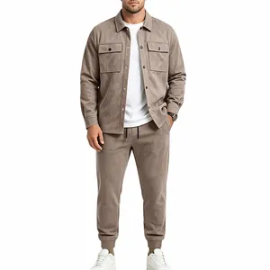 Full studio view of men's beige faux suede casual jacket and matching jogger pants set