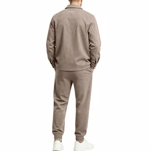 Detailed back view of men's premium taupe suede casual jacket and matching jogger pants set