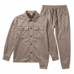 Flat lay of men's taupe faux suede casual jacket and matching joggers set detail.