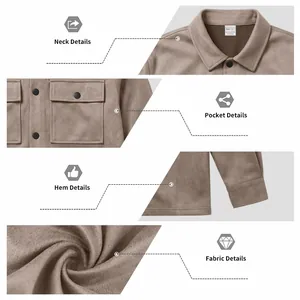 Detail view of suede workwear jacket showing collar, pocket, hem, and fabric texture